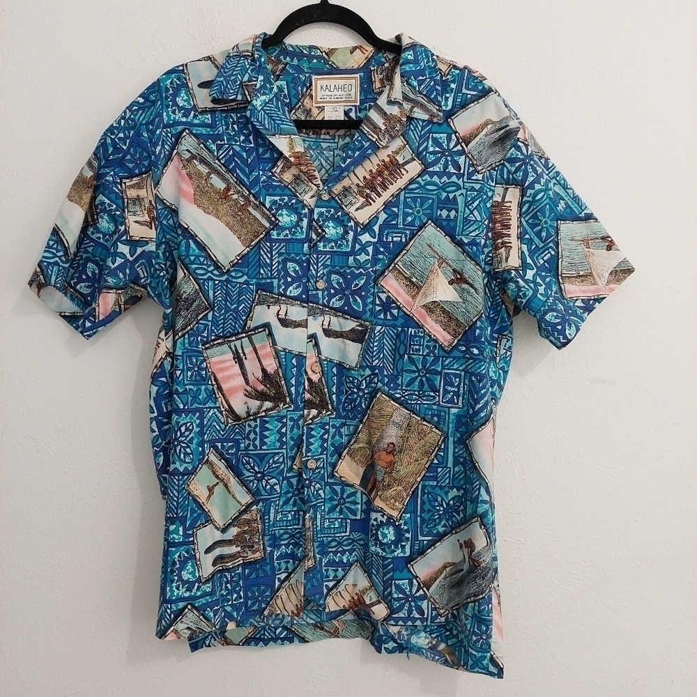Kalaheo Mens XL Hawaiian Camp Shirt Woody Car Surfboards‎ Hut Ocean Island Aloha
